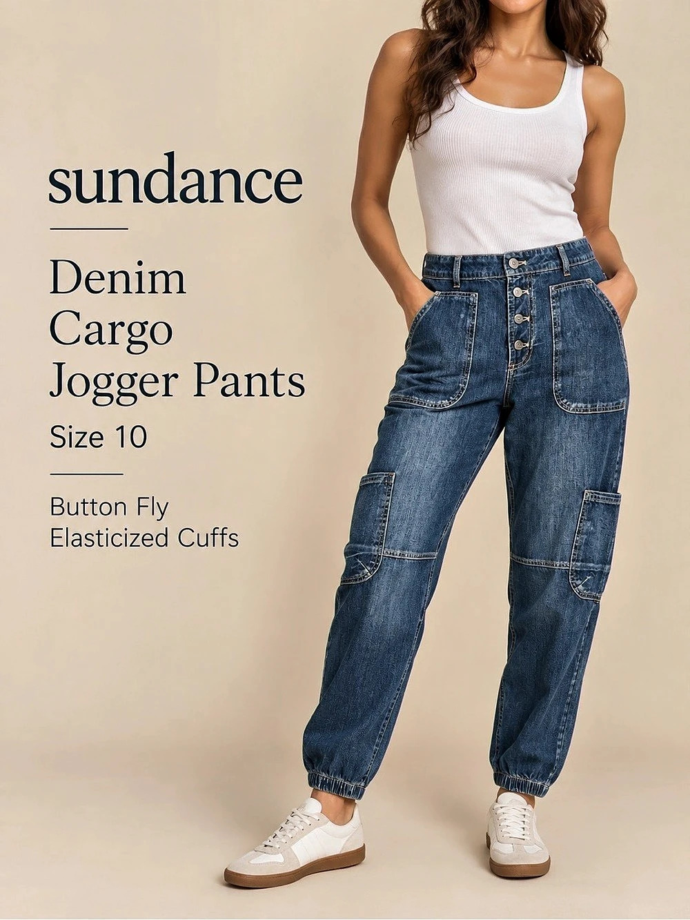 Sundance Denim Cargo Jogger Pants Button Fly Blue Size 10